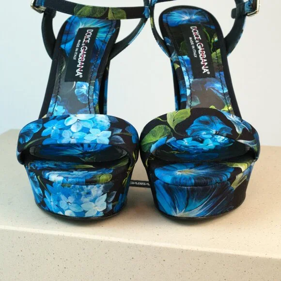 Dolce & Gabbana Keira Floral Ankle Strap Platform Sandals, Blue, Size 40 - Picture 12 of 13